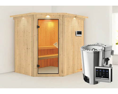 Sauna Plug & Play Karibu Achat VII avec poêle bio 3,6 kW et commande ext., avec couronne et porte entièrement vitrée coloris bronze