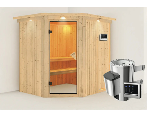 Sauna Plug & Play Karibu Achat VII avec poêle 3,6 kW et commande ext., avec couronne et porte entièrement vitrée coloris bronze