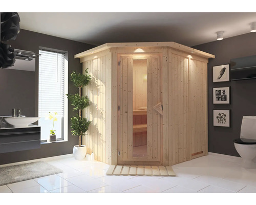 Sauna Plug & Play Karibu Achat VII sans poêle avec couronne et porte bois en verre isolé thermiquement