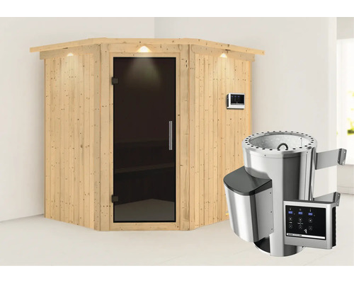 Sauna Plug & Play Karibu Achat VII avec poêle 3,6 kW et commande externe, avec couronne et porte entièrement vitrée coloris graphite