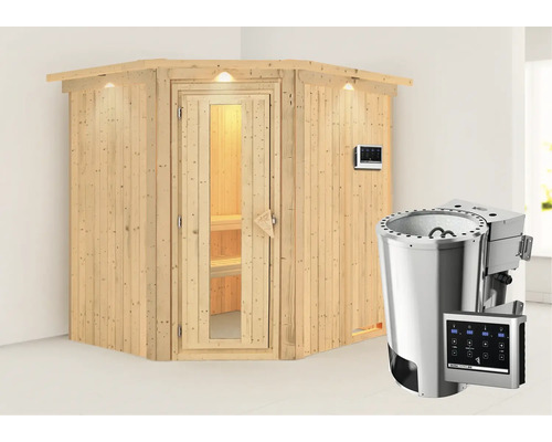 Sauna Plug & Play Karibu Achat VII avec poêle Bio 3,6 kW et commande externe, avec couronne et porte bois en verre isolé thermiquement