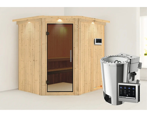 Sauna Plug & Play Karibu Achat VII avec poêle 3,6 kW et commande externe, avec couronne et porte entièrement vitrée coloris graphite