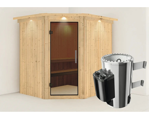 Sauna Plug & Play Karibu Achat VII avec poêle 3,6 kW et commande intégrée, avec couronne et porte entièrement vitrée coloris graphite