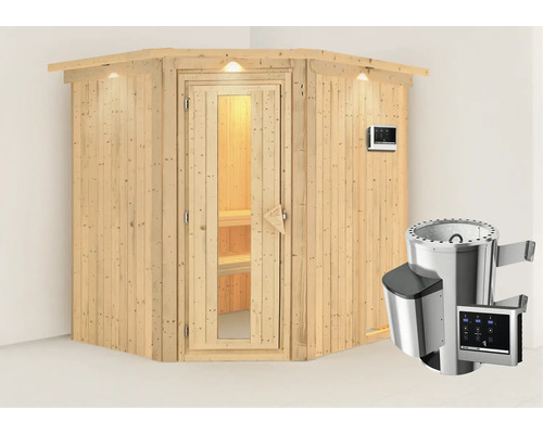 Sauna Plug & Play Karibu Achat VII avec poêle 3,6 kW et commande externe, avec couronne et porte en bois avec verre à isolation thermique