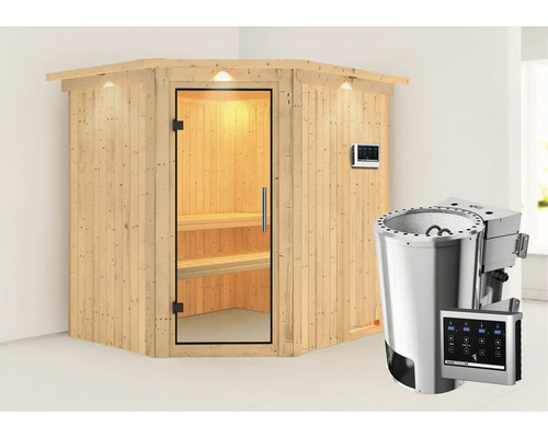 Sauna Plug & Play Karibu Achat VII avec poêle bio 3,6 kW et commande externe, avec couronne et porte entièrement vitrée transparente