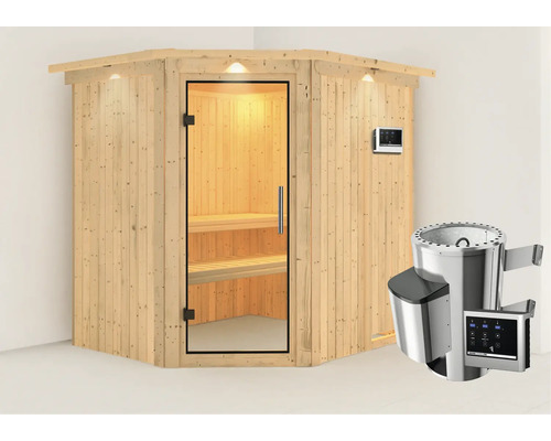 Sauna Plug & Play Karibu Achat VII avec poêle 3,6 kW et commande externe, avec couronne et porte entièrement vitrée transparente