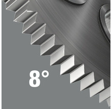 Nahaufnahme eines Sägeblatts mit einer Gradangabe von acht Grad