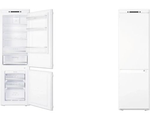 Réfrigérateur-congélateur blanc avec porte ouverte sur la moitié des compartiments