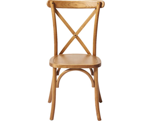 Holzstuhl mit X-förmiger Rückenlehne für den Innenbereich