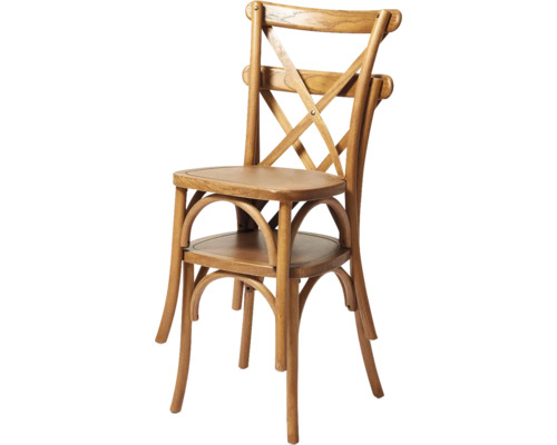 Holzstuhl mit gekreuzter Rückenlehne für den Innenbereich