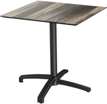 Quadratischer Tisch mit Holzmusterplatte und schwarzem Metallfuß