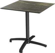 Table carrée avec pied central et aspect bois