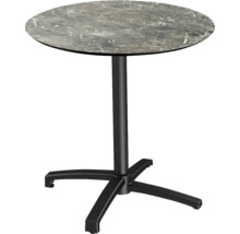 Table haute ronde avec plateau aspect marbre et pied noir