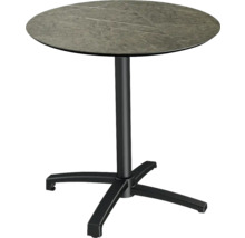 Table haute ronde avec plateau aspect pierre et pied en métal noir