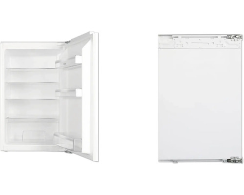 Réfrigérateur encastrable avec porte ouverte et fermée.