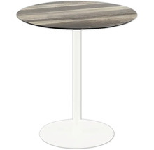Tisch mit runder Holzplatte und weißem Metallfuß