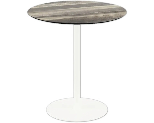 Table de terrasse Urban Tropical Wood ronde acier inoxydable, HPL Ø 70 cm blanc Table avec plateau rond en bois et pied en métal blanc