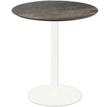 Beistelltisch mit runder Holzplatte und weißem Metallfuß