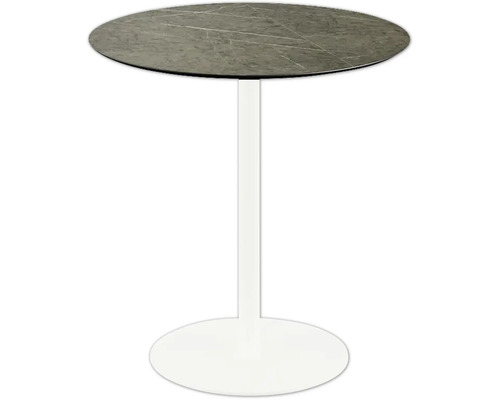Table de bar ronde avec plateau à motifs gris et pied blanc