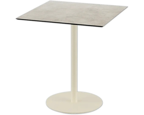 Table de bar carrée avec pied central et plaque de base ronde