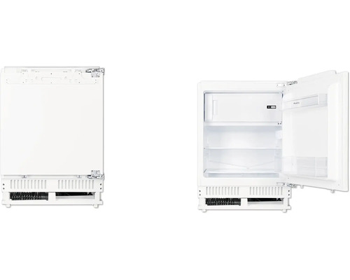 Réfrigérateur intégré avec porte ouverte et fermée.