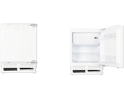 Réfrigérateur encastrable avec porte ouverte et fermée.