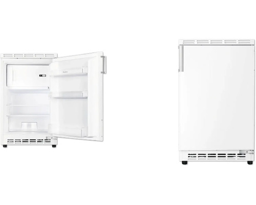 Réfrigérateur blanc avec porte ouverte et fermée.