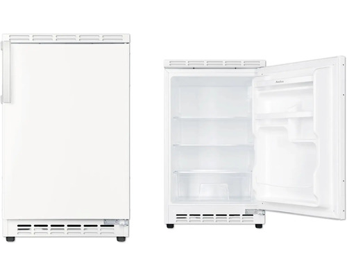 Réfrigérateur Amica UVKSD 351 961 lxhxp 50 x 82 x 57 cm Réfrigérateur-congélateur blanc, vue de face fermé et intérieur ouvert.