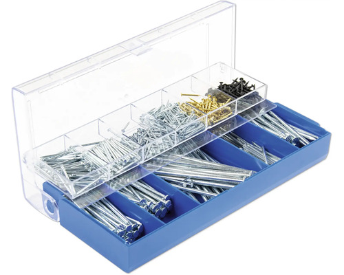 Sortimentskasten mit verschiedenen Nägeln und Stiften