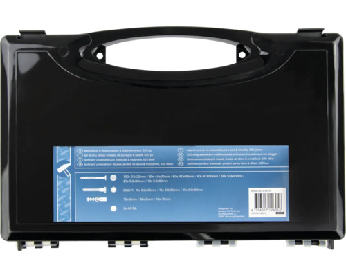 Assortiment de vis et de chevilles dans une mallette à outils noire