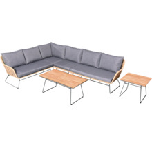 Ensemble de salon de jardin avec canapé d''angle, table basse et table d''appoint en rotin et bois