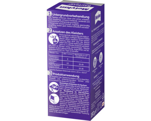 Paquet de colle à papier peint Metylan Raufaser avec des informations sur la préparation du support, la préparation de la colle et l''application du produit
