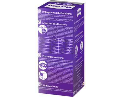 Paquet de colle Metylan Raufaser avec des informations sur la préparation du support, l''application et le stockage