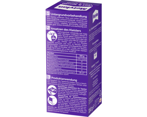 Colle à papier peint Metylan, informations sur la préparation du support, l''application et la portée