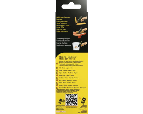 Emballage de cartouches de colle thermofusible Pattex avec exemples d''application et compatibilité des matériaux