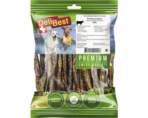 Sticks de viande de boeuf Delibest 200 g friandises à mâcher Paquet de bâtonnets de viande de bœuf pour chiens DeliBest, Premium Swiss Quality, sans gluten et 100 % naturel