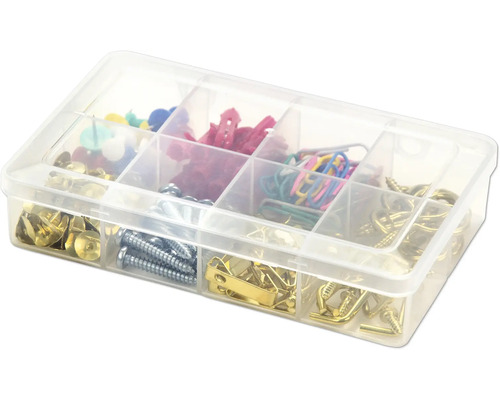 Boîte de rangement avec articles de bureau et vis