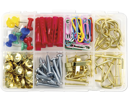 Boîte d''assortiment avec punaises, chevilles, trombones, crochets pour tableaux, clous et vis