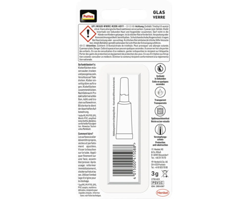 Pattex Colle verre, dos de l''emballage avec instructions et informations de sécurité