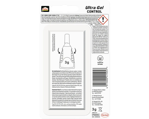 Pattex Ultra Gel Control Sekundenkleber Verpackung mit Warnhinweisen und Anwendungshinweisen