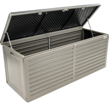 Coffre de jardin ouvert pour ranger les outils de jardin et les coussins de meubles de jardin