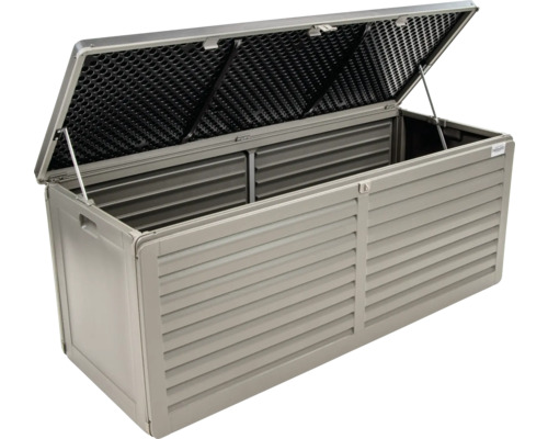 Coffre de jardin ouvert pour ranger les outils de jardin et les coussins de meubles de jardin