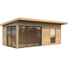 Holzgartenhaus mit Glasfront und Flachdach
