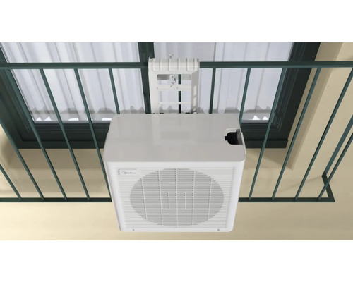 Climatiseur avec logo Midea monté sur la fenêtre