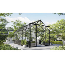 Serre avec cadre en acier et panneaux de verre dans le jardin