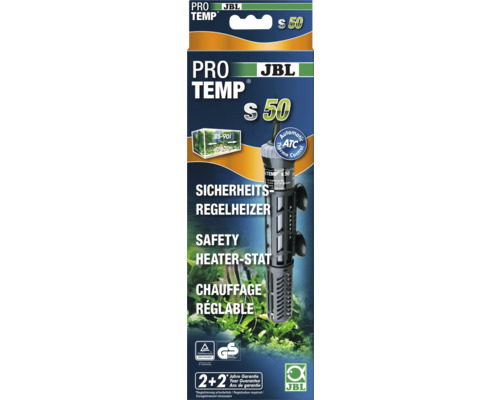 Chauffage de régulation d'aquarium JBL PROTEMP S 50 dispositif de chauffage de sécurité avec panier de protection, 50 W, pour aquariums 30 - 80 L JBL Pro Temp S 50 emballage de thermoplongeur pour aquarium