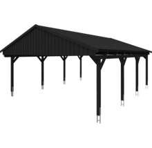 Carport noir avec toit et structure en bois