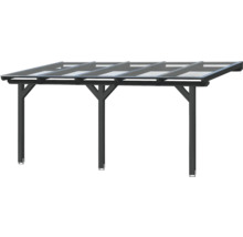 Freistehende Terrassenüberdachung mit transparenten Dachelementen und drei Stützpfosten.