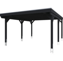 Carport en bois noir avec toit plat pour abriter les véhicules.