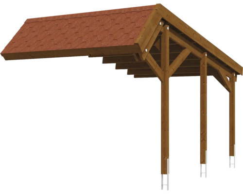 Stellplatzerweiterung SKAN HOLZ Harz inkl. Pfostenanker rote Dachschindeln 303 x 560 cm nussbaum Holzcarport mit Dachschindeln